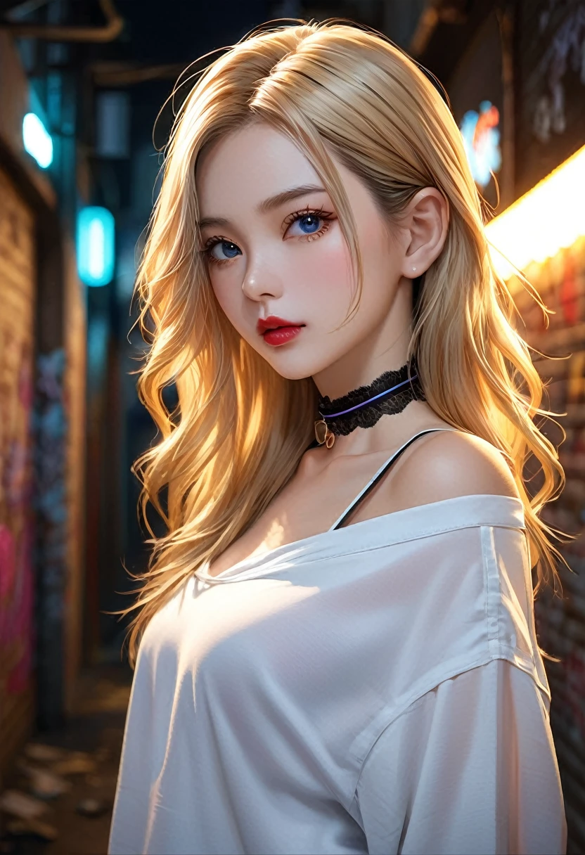 1girl, (Blue eyes), laughing :1.2, (Sana Minatozaki), wide hips, Big Boobs, big ass, (Best Quality, 8k, Masterpiece: 1.3), Clear Focus: 1.2, Perfect Body Beauty: 1.4, Slender Abs: 1.2, Highly detailed face and skin texture, detailed eyes, double eyelids, red lips, (blonde wet long hair), (close-up at face :1.2), (yellow bra and jacket), bent over showing tits, in a rainy city illuminated by neon signs, deep on field
