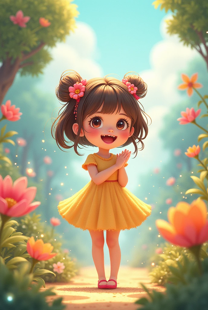 girl playing with flowers in the lake, wearing a pink dress, hair in 2 pigtails, wearing pink heels