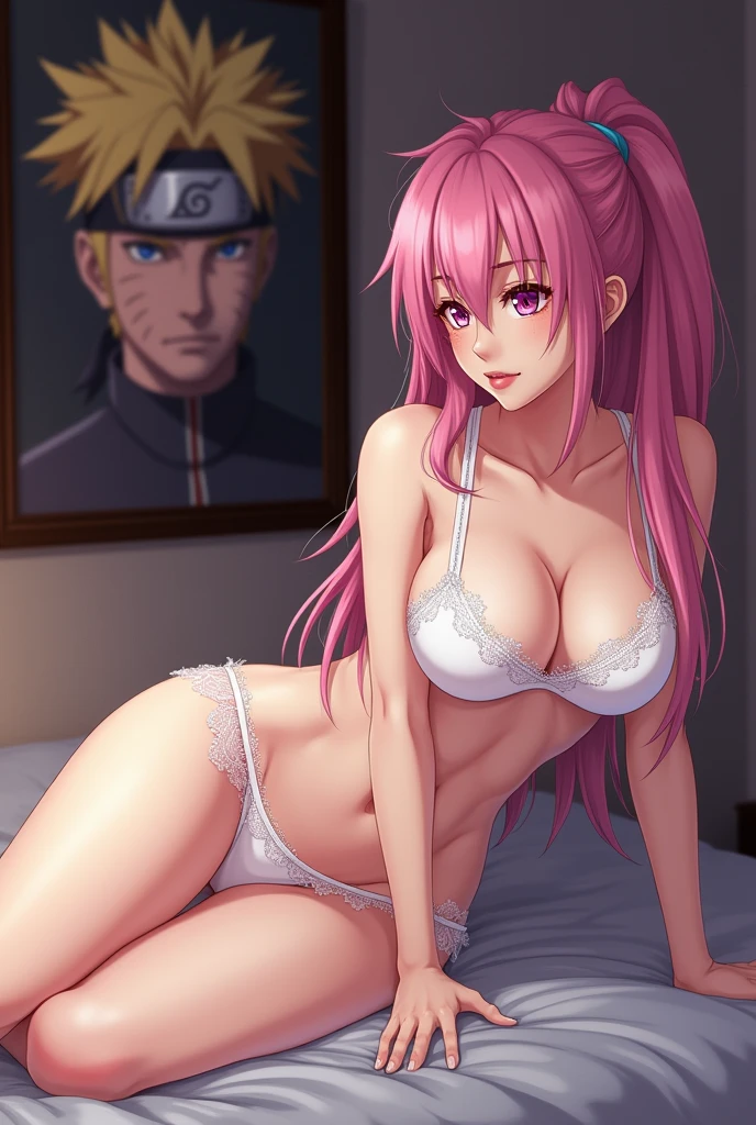 pink long hair, embarrassed, masterpiece, inside empty room, nipple, visible breasts, medium breasts, full body, laying on the bed, one of her hands holding sheathed katana, showing genital, armpits, legs raised and spread open