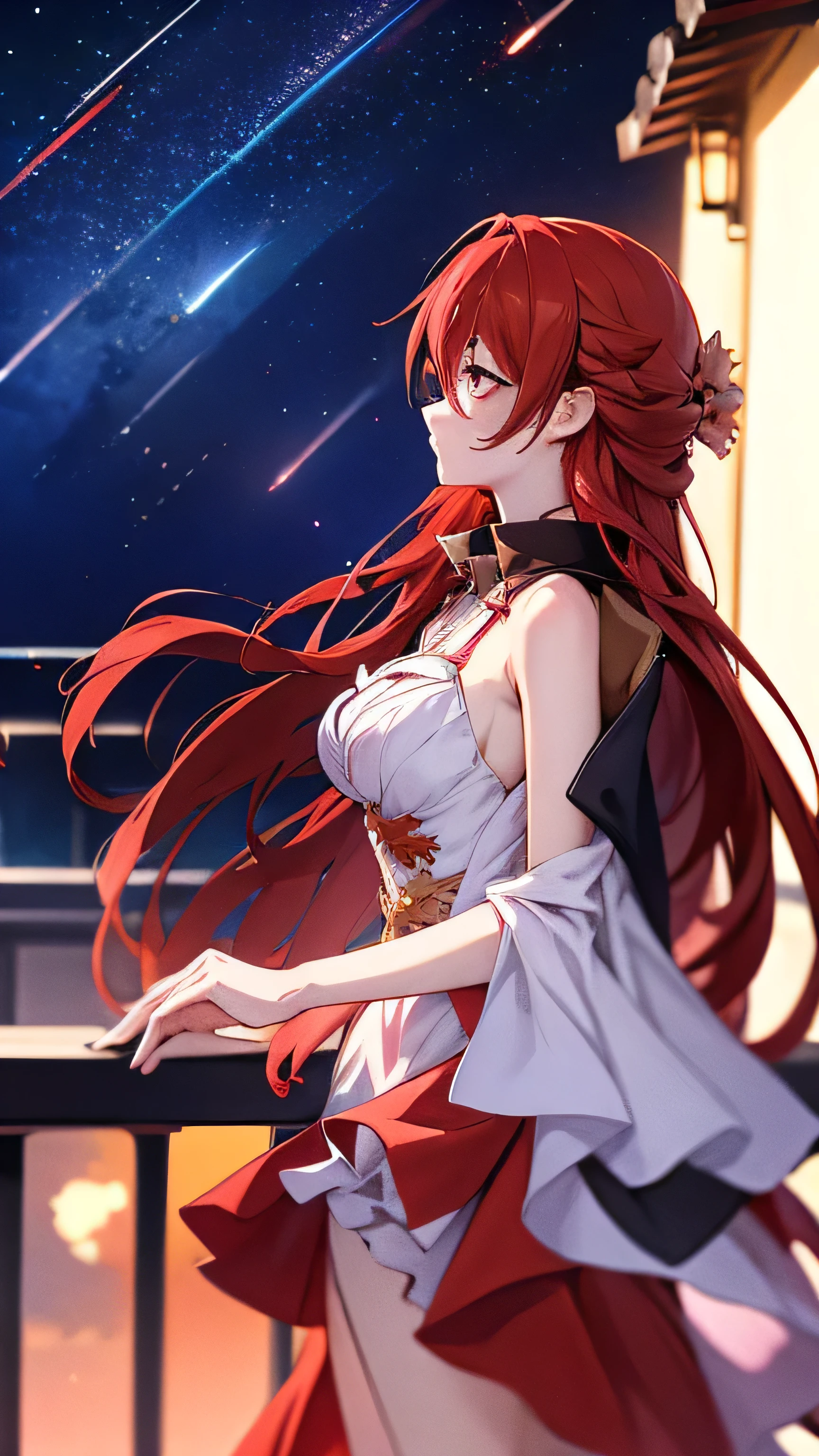 2d painting of Himeko from Honkai star rail standing at the edge of a balcony, stars fill the sky, shooting stars arc across the night sky, her flaming red hair flows in the wind, side view, anime style