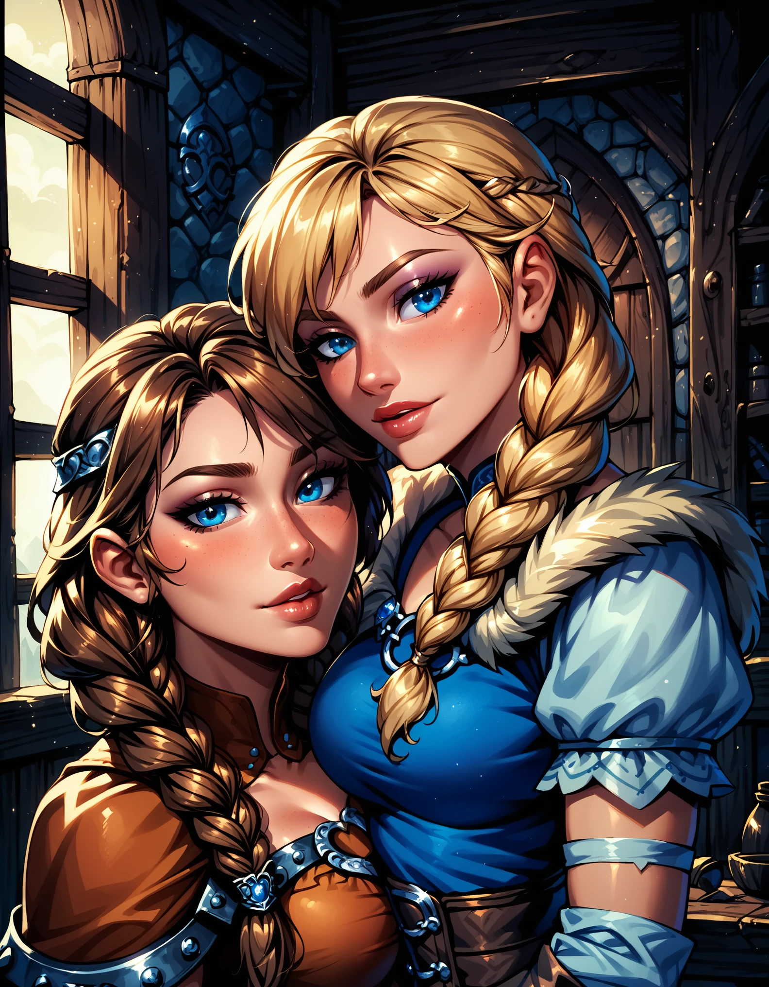 Dark Fantasy Art of score_9, score_8_up, score_7_up, rating_questionable, fantasy, lighting, epiCPhoto, 2girls, duo, couple, yuri, very sexy (ASTRIDHOFFERSON, blonde hair, braid, Long hair, blue eyes:1.2), and (Anna, brown hair, braided pigtails:1.3), flirt, gaze, sexy look, half-closed eyes, head tilt, filled lips, thick lips, makeup, face portrait, modelling shoot, sexy pose, Viking village setting, dark, moody, dark fantasy style, (midnight, moonless night:1.1).