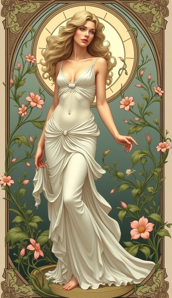 Art Deco illustration of a beautiful blonde woman in a transparent lace dress, Mucha-inspired, glow effect, Retrofuturism, surrounded by red roses and thorns