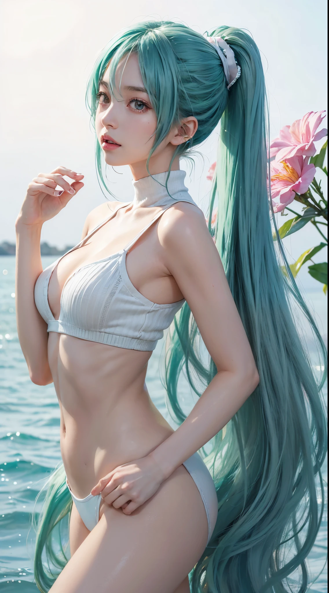 (Hatsune Miku character), Shiny light green hair, Long hair and ponytail,  whole body, girl, Perfect body, Perfect Anatomy, double eyelids, Moderate bust, Highly detailed skin texture,(Photorealistic Skin), Ultra detailed face, Thick pink lips, Wet Skin, Hyperrealistic female portraits by David Hockney and Alphonse Mucha, Realistic photo, Art Station, Poster, 4K, Simple white background、White knitted sweater、Upper body close-up、See who&#39;s watching