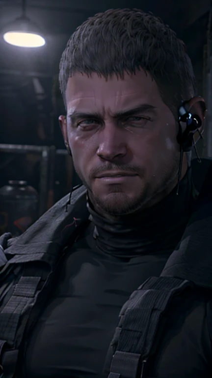 Dark gothic village in the background, old Chris Redfield from Resident Evil 8, 48, muscular male, tall and hunk, black cold turtleneck, straps, earpiece, beard, rugged face, little smirk, video games style, high resolution:1.2, best quality, masterpiece, dark nightime, daylight, volumetric lighting, shading, straight portrait, face close up, looking at viewer