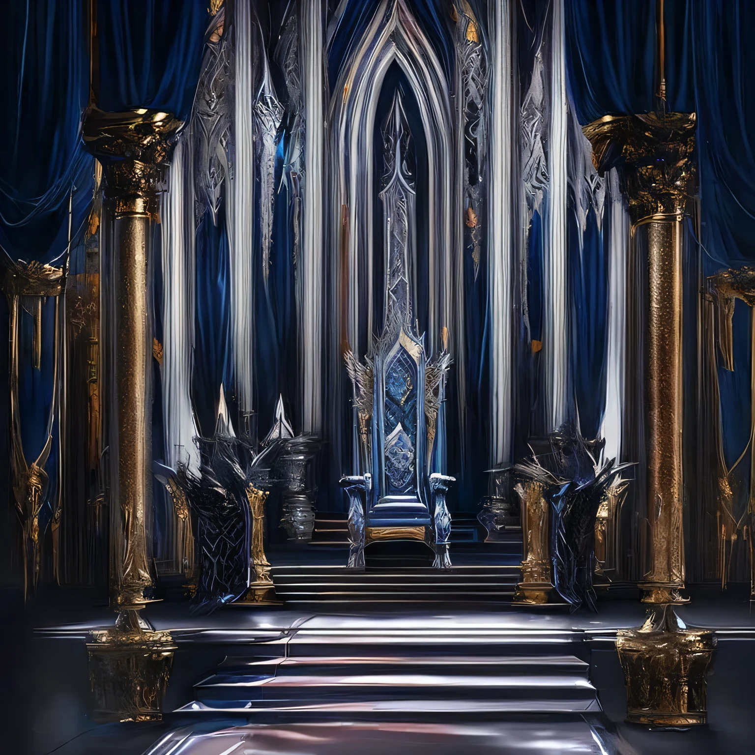 use cold colors, blues, silver, white, gray, a close up of a woman in a dress standing in front of a stage, in a throne room, throne room, rendering of beauty pageant, exquisitely designed throne room, opening scene, elegant cinematic fantasy art, award winning concept art, award-winning concept art, dramatic concept art, cgsociety masterpiece, decadent throne room, award winning concept artist, one night kneeing before women, one knight kneeing in first plan