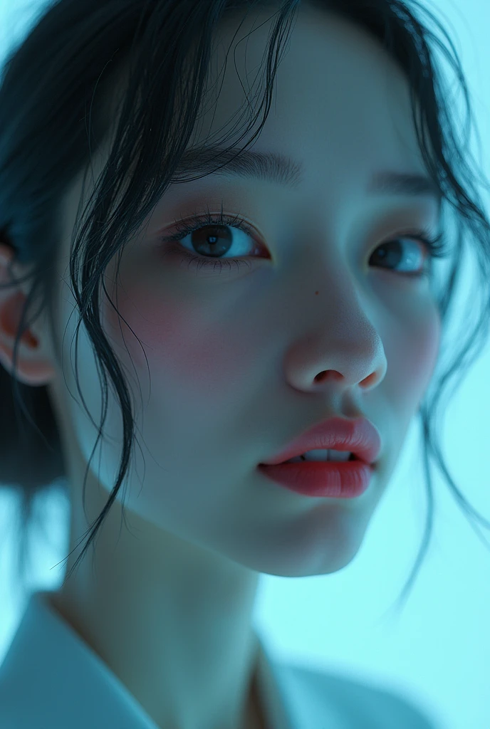 [photorealistic], Night city in Tokyo, dim lighting, full body,realistic beautiful young japanese woman, perfect face, blue eyes, white t-shirt, bikini, cinematic lighting, look at the veiwer, pov, ((((high detail skin)))), [[[freckles]]], 8k, sharp focus,