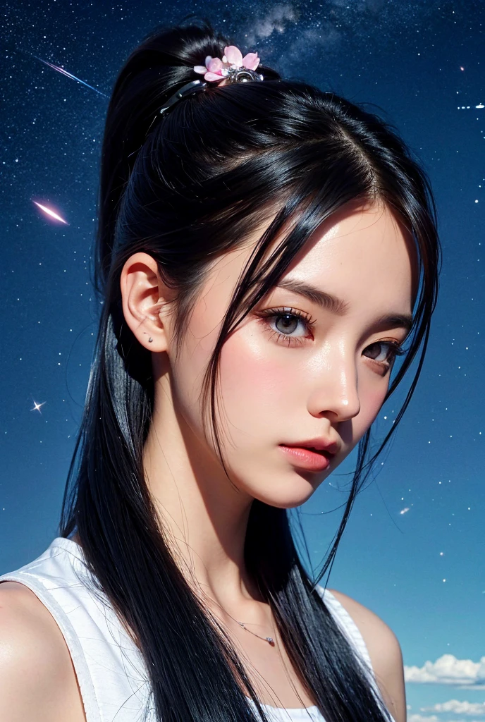 ((Highest quality)), ((masterpiece)), (detailed), One girl with long black hair，Starry Sky，Soft Light