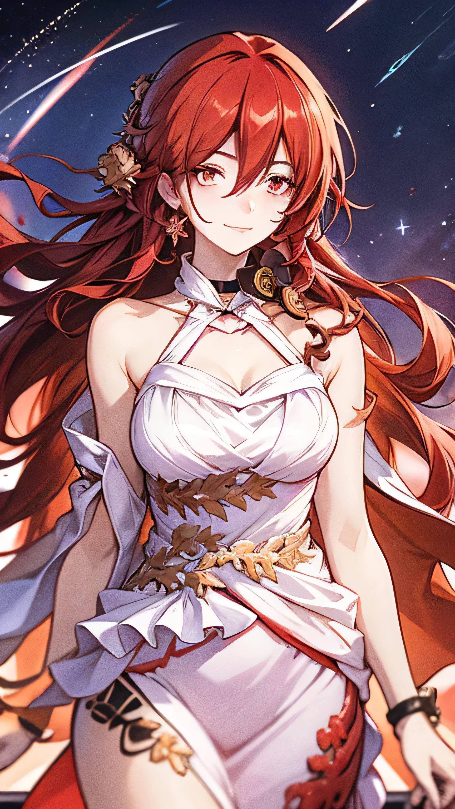 2d painting of Himeko from Honkai star rail standing at the edge of a balcony, stars fill the sky, shooting stars arc across the night sky, her flaming red hair flows in the wind, messy hair, smiling,  front view, anime style