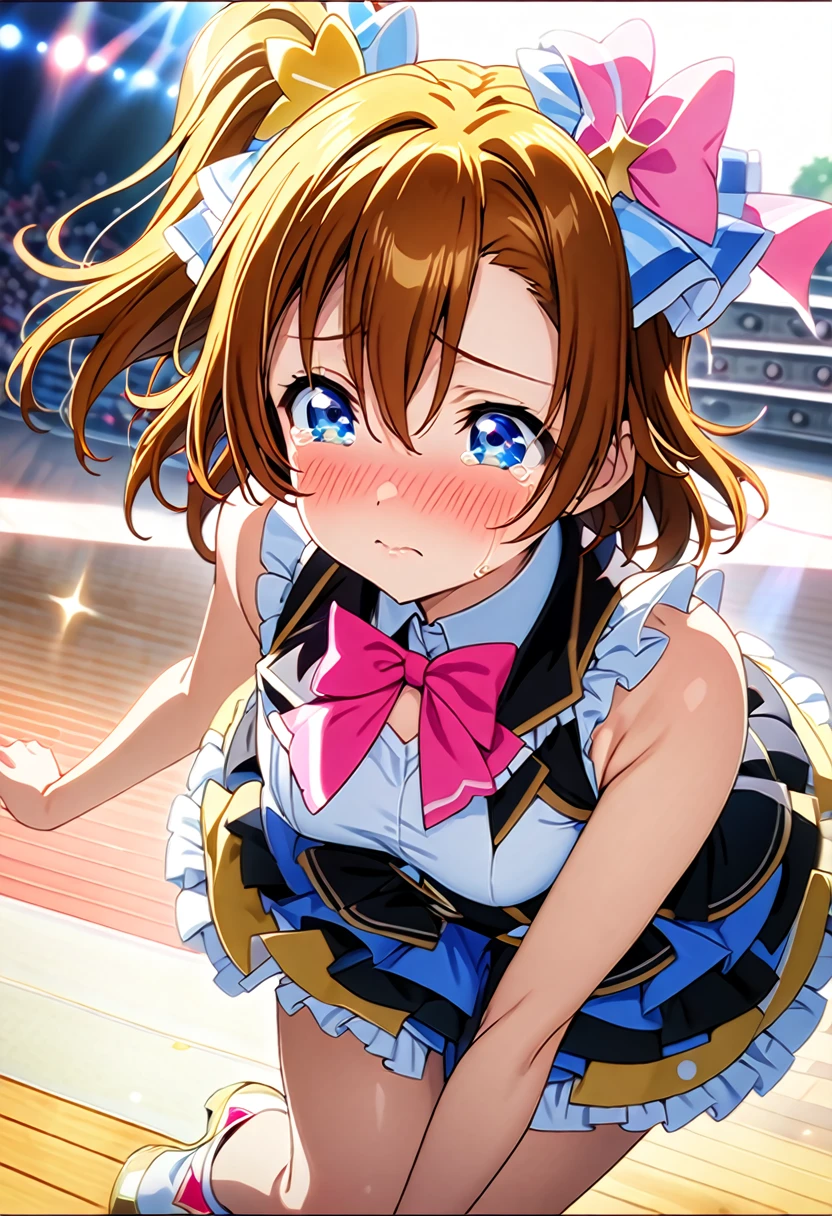 ((Pixel Perfect, Perfect detail))),(Ideal body type), alone, alone girl, Honoka Kosaka, 1, blue eyes, chest, blush, anime, masterpiece, Highest quality, ラブlive!, {({Honoka Kosaka: 1.5}}} ((Detailed face, Highly detailed CG)),(Perfect hands, Perfect Anatomy),(ラブlive,Idol Costumes:1.3), (Magical Girl Dress,: 1.3), (Frilled Skirt: 1.3), (White briefs: 1.3), ((Frilled Briefs:1.2)), ((brief Shot:1.5)), (Embarrassed face),(Tears in my eyes: 1.2), blush, Outdoor, sunny, stage,live, blue eyes, Orange Hair, On one side, short hair,(Skirt flipped up by strong wind:1.3),(Lift up your skirt yourself,: 1.5), (Show your briefs:1.6),(open stance:1.7),