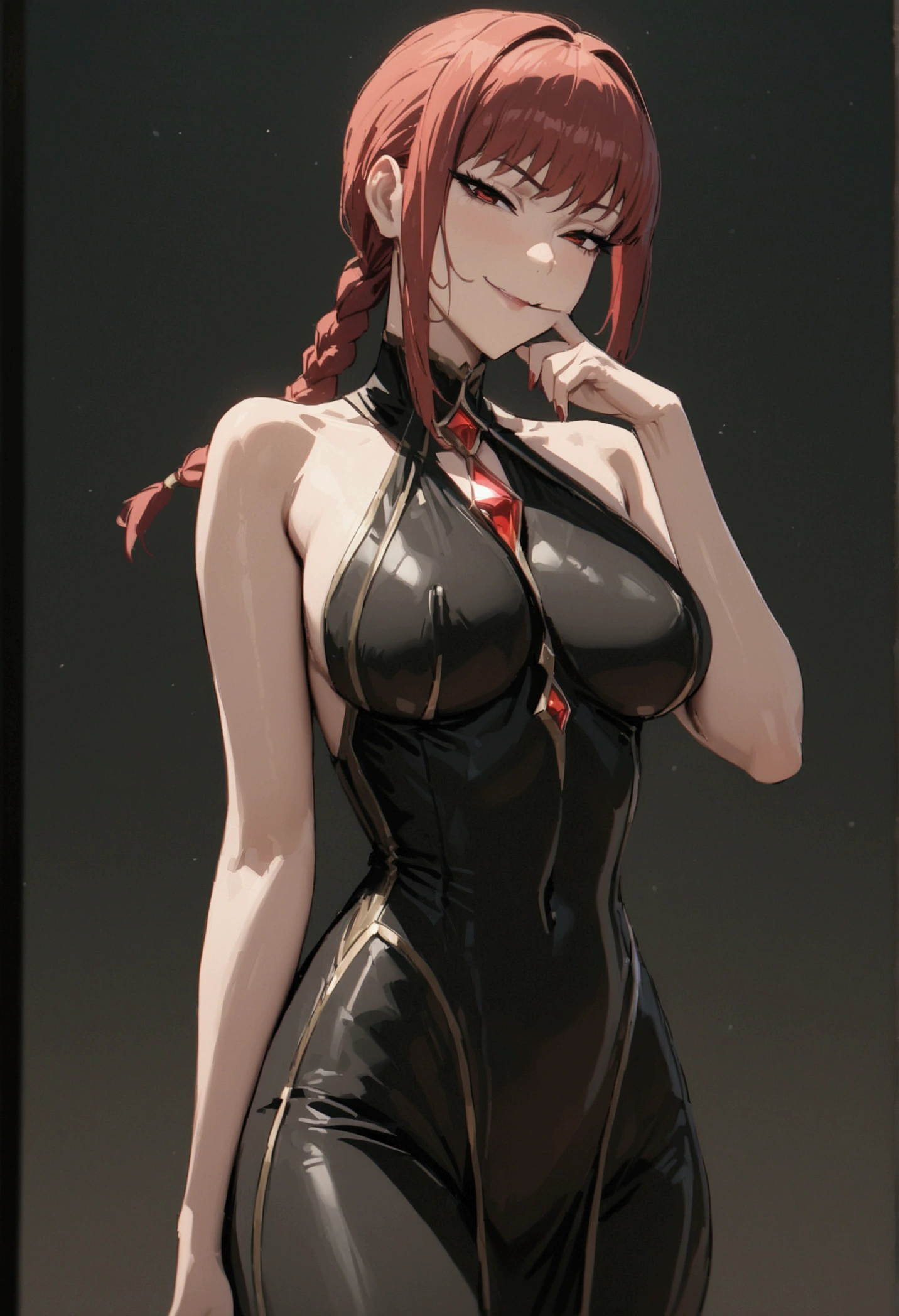 Tall woman, perfect body, Red Hair, Braided Ponytail, seductive smile,evil smile, medium breast, masterpiece, best quality,  hand on chin,black priestesses clothes, hourglass figure,