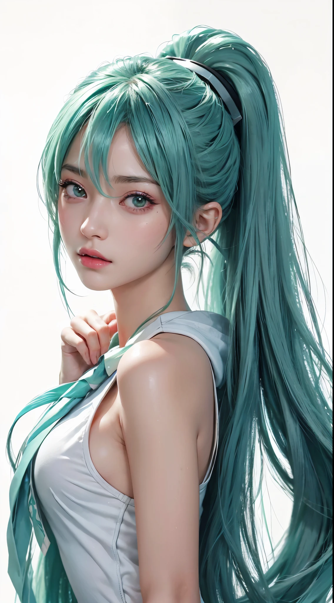 (Hatsune Miku character), Shiny light green hair, Long hair and ponytail, whole body, girl, Perfect body, Perfect Anatomy, double eyelids, Moderate bust, Highly detailed skin texture,(Photorealistic Skin), Ultra detailed face, Thick pink lips, Wet Skin, Hyperrealistic female portraits by David Hockney and Alphonse Mucha, Realistic photo, Art Station, Poster, 4K, Simple white background、White hoodie、Zoom in on face、See who&#39;s watching