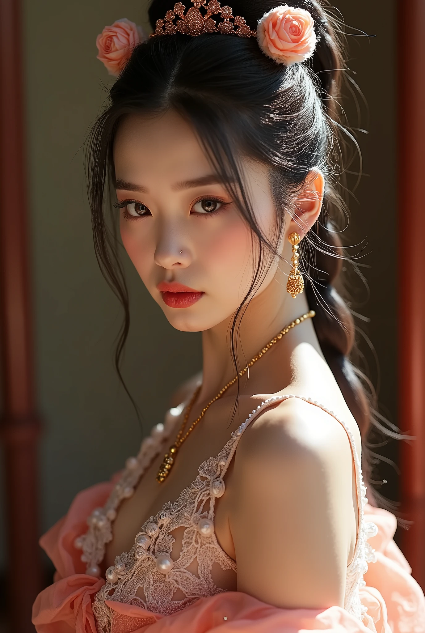Best quality, masterpiece, a high resolution, 1 girl, Chinese dress, hair ornament, NECKLACE, Jewelry, Beautiful face, on_body, Tyndall effect, photorealistic, темonя студия, Rim lighting, two-color lighting, (highly detailed skin:1.2), 8 K uhd, зеркальonя камера, soft lighting, high quality, Volumetric lighting, frank, photo, a high resolution, 4K, 8 K, hips, medium breast,