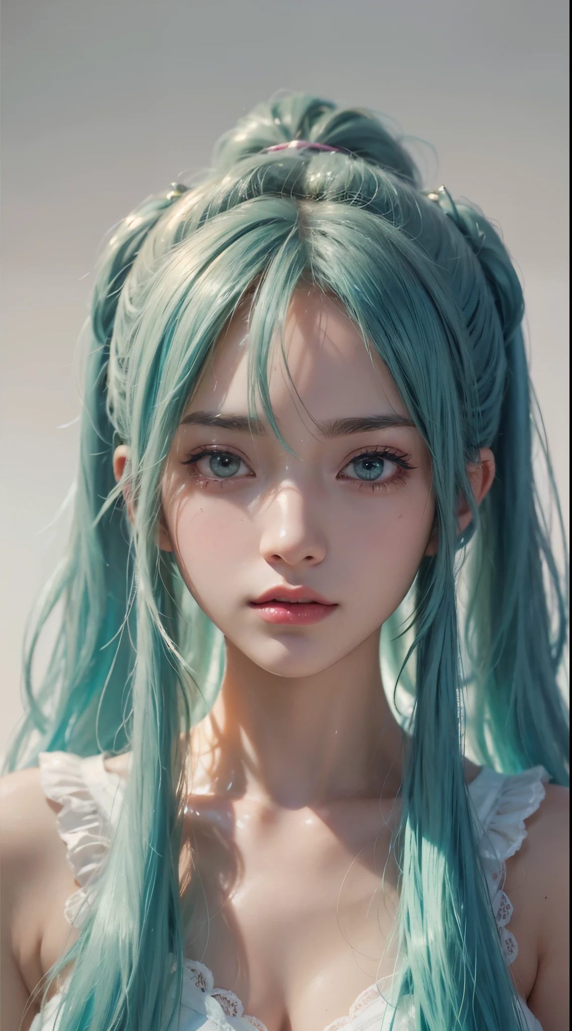 (Hatsune Miku character), Shiny light green hair, Long hair and ponytail, girl, Perfect body, Perfect Anatomy, double eyelids, Moderate bust, Highly detailed skin texture,(Photorealistic Skin), Ultra detailed face, Thick pink lips, Wet Skin, Hyperrealistic female portraits by David Hockney and Alphonse Mucha, Realistic photo, Art Station, Poster, 4K, Simple white background、White hoodie、Zoom in on face、Ultra Close-Up、See who's watching