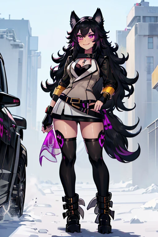 female, black long hair with magenta highlights, silver eyes, black wolf ears, black wolf tail, (((1girl))), (((white vest)), (black shrug with raised collar), (magenta thigh high stockings), (black miniskirt), (black boots), cute and sexy, full body, big breasts, long legs, smiling