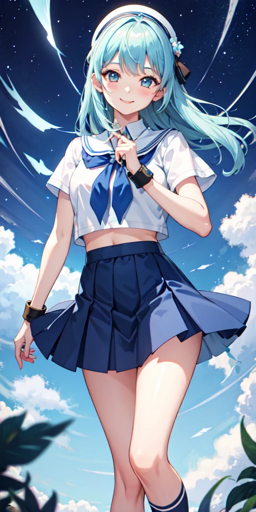 (1 Girl),(high quality), (High resolution), (Very detailed), (8K),(Demolition paperback correct)、Urusei Yatsura、Ram-chan、((White and navy blue sailor suit))、Navy blue pleated skirt、Cute Underwear、((Focus on the whole body))、Nipple Shape、((Black pantyhose))、Hair messed up by the strong wind、Neutral White Lighting,Sexy pose、