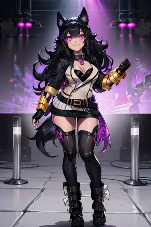 female, black long hair with magenta highlights, silver eyes, black wolf ears, black wolf tail, (((1girl))), (((white vest)), (black shrug with raised collar), (magenta thigh high stockings), (black miniskirt), (black belts), (black boots), cute and sexy, full body, big breasts, long legs, smiling