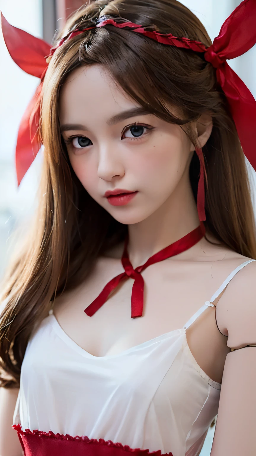 1 girl,Beautifully detailed face:1.3、Close-up of face:1.6、The whole face fits in the frame:1.6、((She has a big red ribbon in her hair., Like a doll...:1.6))、 ((very small flat chest:1.7))、(A sheer camisole with a loose fit around the chest:1.7), ((I'm looking forward to it:1.6))、((Looking into the camera:1.3))、Very beautiful Japanese idol portraits, Brown Hair:1.7、(RAW Photos, Highest quality), (Realistic, Realistic:1.4), (masterpiece), Very delicate and beautiful, Very detailed, 2k wallpaper, wonderful, finely, Very detailed CG Unity 8K 壁紙, Very detailed, High resolution, Soft Light, Beautiful detailed woman, Very detailed目と顔, Beautiful and sophisticated nose, Big beautiful eyes, Cinema Lighting, (Simple and solid background:1.3),(Blonde medium hair:1.5), (Parted bangs), The whole body was restrained, Slender body,Very small breasts, Sensual look