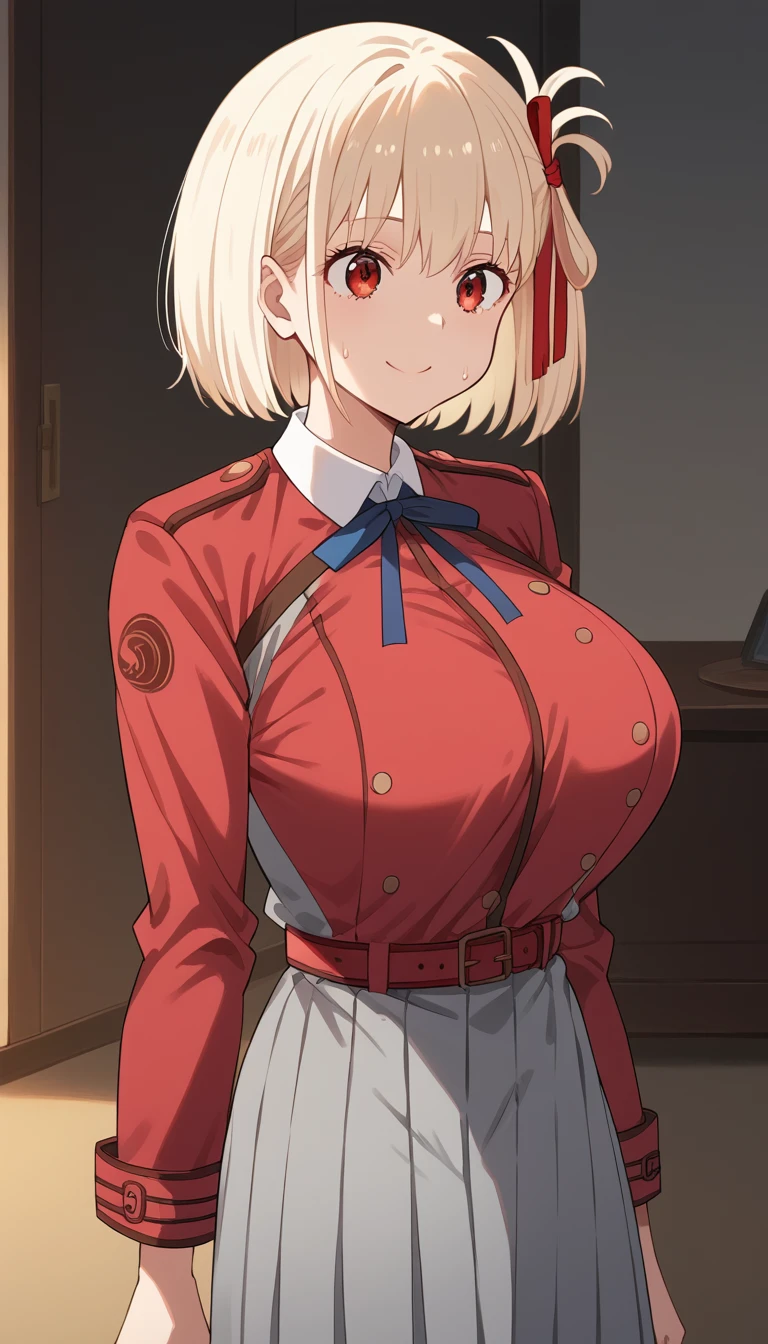 Score 9, Score 8 up, Score 7 up, The evaluation is questionable,
Detailed Background], Glowing Skin,Chisato Nishikigi, short hair, bangs, blonde hair, red eyes, hair ribbon, One side up, bob cut,
shirt, long sleeves, dress, ribbon, white shirt, collared shirt, belt, neck ribbon, red dress, blue ribbon, pleated dress, grey dress, two-tone dress, Red belt, lycoris uniform,Huge breasts,short,Anime Style,high quality,masterpiece,Advanced Details,Japanese,Mischievous Smile,
Wet Hair, From before, put your cheek on the ground, Hands on the ground, living room,   Sweat, vapor,  witness, Peep, 最high quality, Very aesthetic, Wide Shot