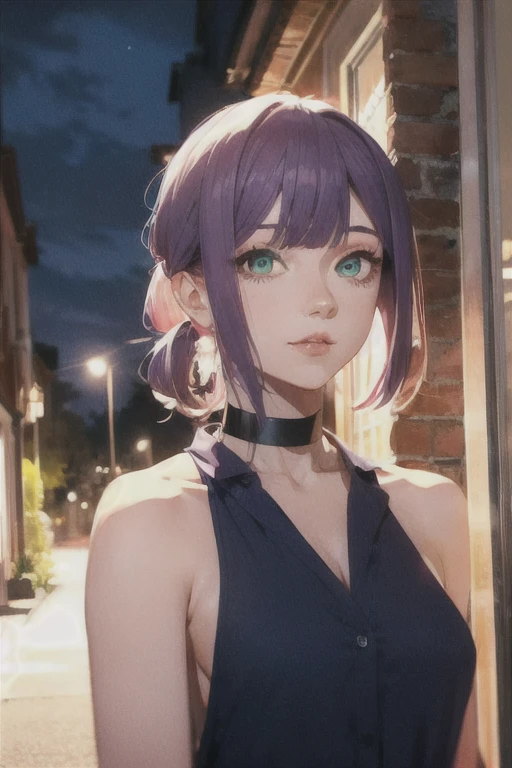 (Highest quality)、(Highest quality)、cut、Chainsaw Man、cute、(choker).eyes are emerald、Her hair is purple、Short Bob、Beautiful night view、whole body、detailed、強力なdetailed、cut、((jealousy)).