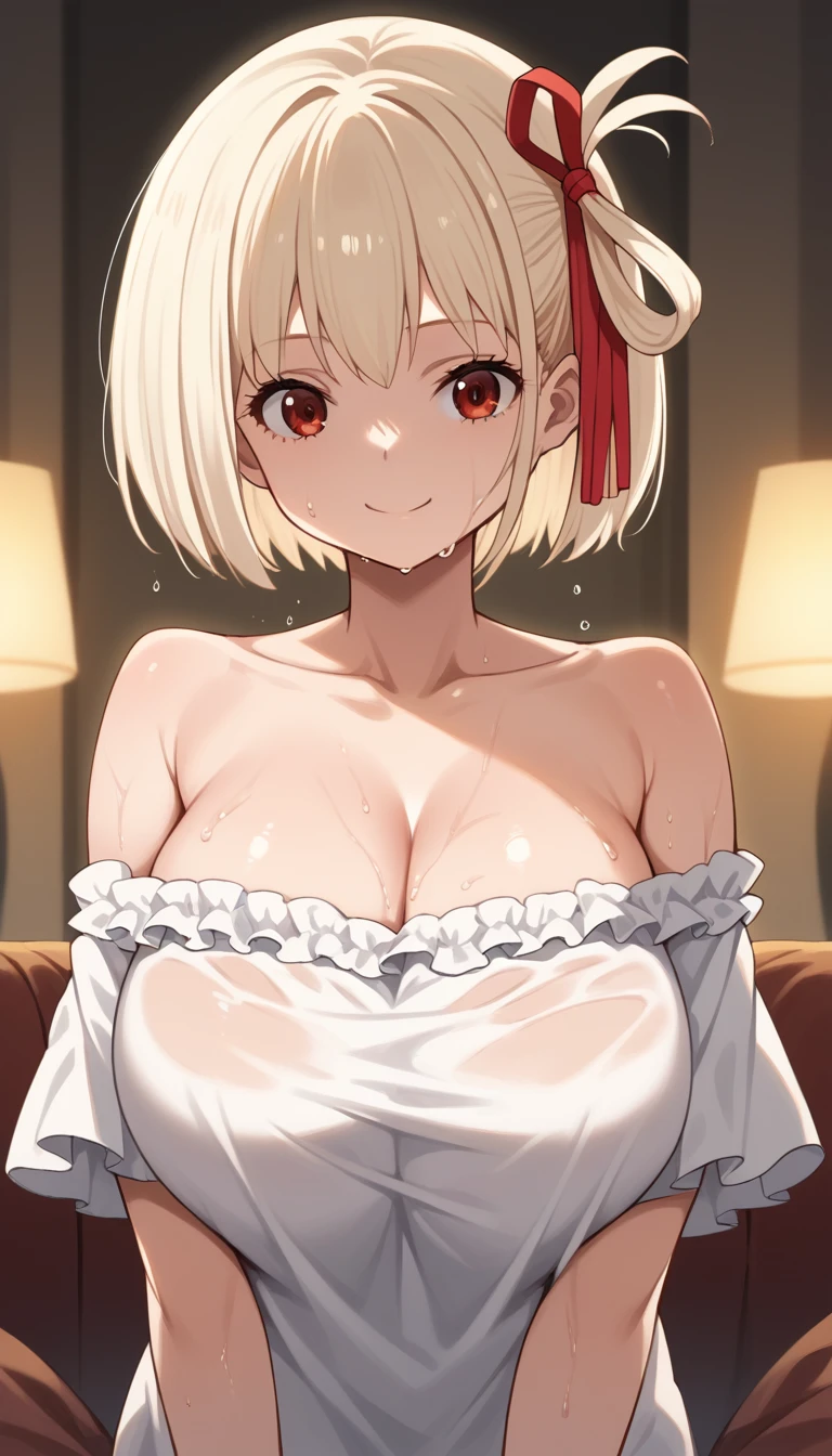 nsfw, nude, naked、、 nishikigi chisato,, blonde hair, , short hair, red ribbon,, red eyes,.  、 , big breasts、 flooding、Abandoned amusement park、fire、heavy snowfall、frozen、 file, crying ,flooding、abandoned hospital、fire、heavy snowfall、frozen、 、whole body