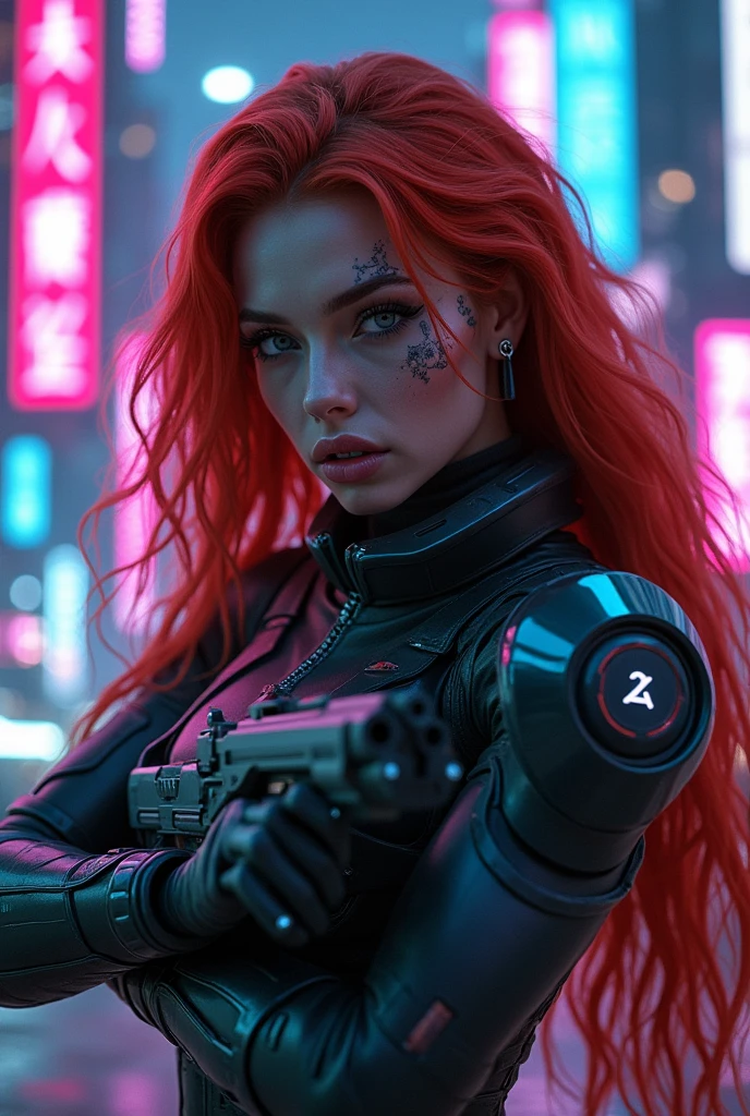 there is a woman with red hair and a black and red outfit, hyper-realistic cyberpunk style, ultrarealistic 8k, hyperrealistic, woman, cyberpunk 2 0 y. o model girl, cyberpunk angry gorgeous goddess, beautiful cyberpunk woman model, in cyber punk 2077, [foggy cityscape in the distance : very pretty girl, city:0.33] immersed in a giant flow of wind, living in a thunder cloud, behind the cloud, (double exposure:1.3), photo by Brandon Woelfelmist, surreal dream, gray atmosphere, rainy day, dynamic, lut, hdr