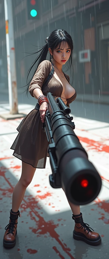 cinematic photo a woman with a rifle in a pub <lora:Quiet1024:0.8> . 35mm photograph, film, bokeh, professional, 4k, highly detailed