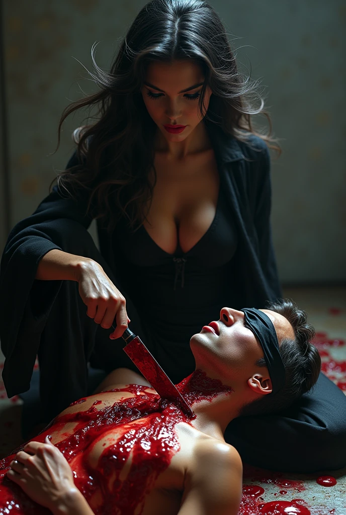 Realistic, A very beautiful muslimah luxury graceful girl knife, cut throat A boy prisoner blindfold neck bloody splash, full body, wide open throat, throat contents