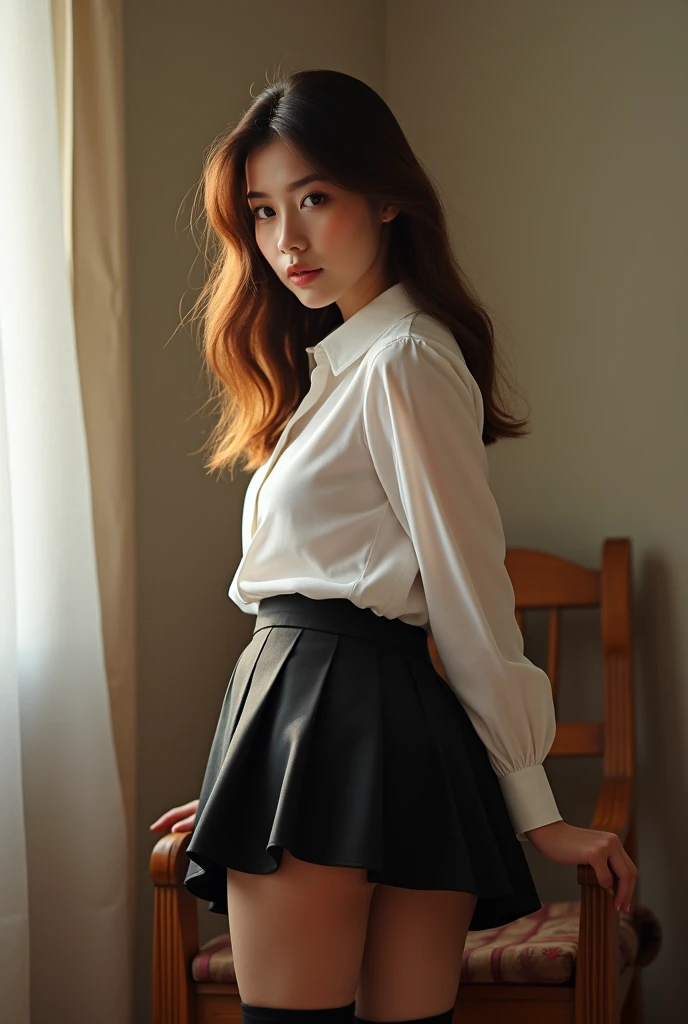 full body,Ultra-high skin detail,Perfect facial details,cinematic lighting,chiaroscuro,super detail,award winning,best quality,FilmGirl,85mm,1girl,long hair,looking at viewer,shirt,skirt,ribbon,looking at viewer,outdoors,large breasts,day,