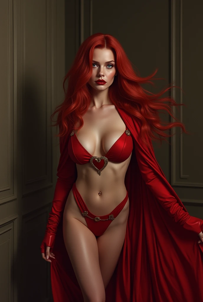 a woman with long crimson hair, wearing a long red dress with a leg slit, intricate corset, beautiful detailed eyes, beautiful detailed lips, extremely detailed face, longeyelashes, elegant pose, graceful movement, breathtaking, detailed and realistic, oil painting, dramatic lighting, warm color palette, cinematic composition, masterpiece, 8k, high quality, Scarlet Witch, (((red eyes)))