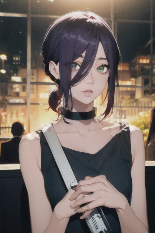 (Highest quality)、(Highest quality)、cut、Chainsaw Man、cute、(Choker).eyes are emerald、Her hair is purple、Short Bob、Beautiful night view、whole body、detailed、強力なdetailed、cut、((envy)).