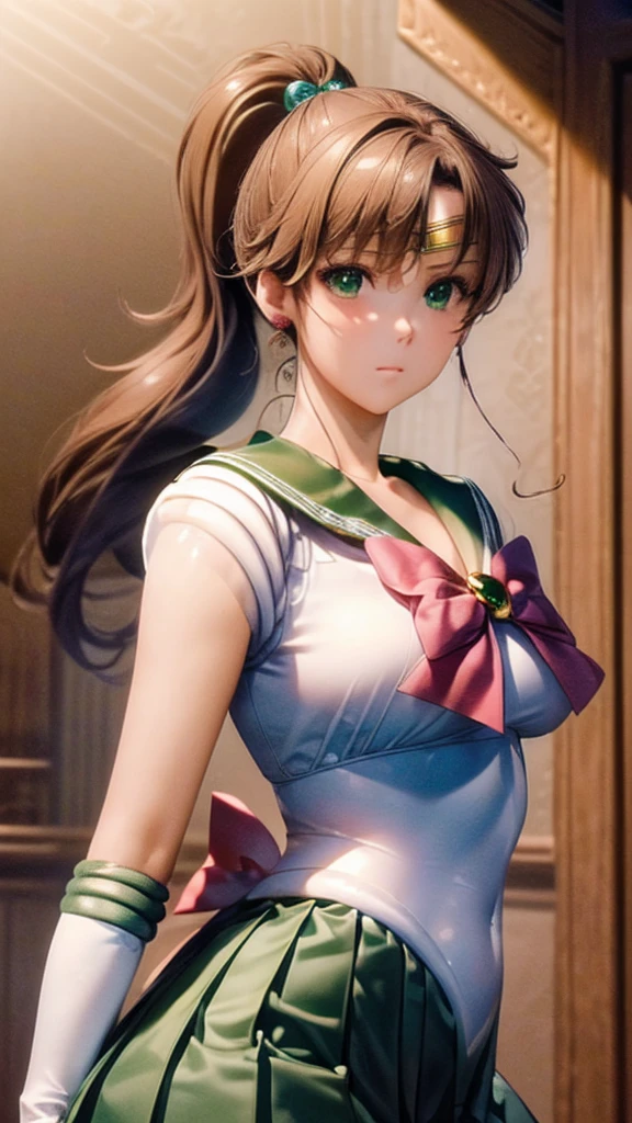 (((masterpiece))), (((High resolution)))、(((8K quality)))、(((Perfect Face)))、 , Looking into the camera, ((Highest qualityの目)), (Detailed face), (Detailed Texture), Complete Sailor Jupiter Cosplay、One Girl, alone, High resolution, Anatomically correct, Highest quality,Depict the whole body 、The chest is a little small、White long gloves、Green Skirt