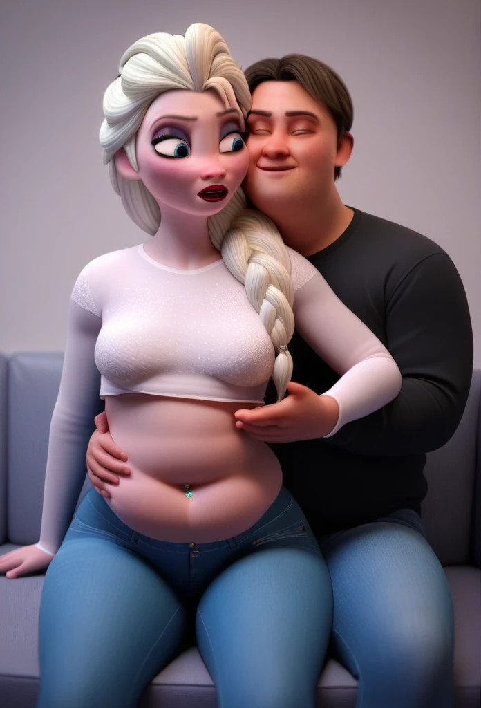 (( 3D, a slim and short Man,a Man pinching elsa's cheeks,A Man pinching and  touching Elsa's Belly )) ,Tall ,slim faced Surprised Elsa,literally gained a plump belly,Trying to wear jeans but they don't fit because she gained put on weight,fullbodyimage,Raised Eyebrows, Plump body,The button on the jeans does not close because of her belly,navel piercing, Pudgy Belly,sit on the couch,Red Lips,jeans button popping,triangle body shaped,,