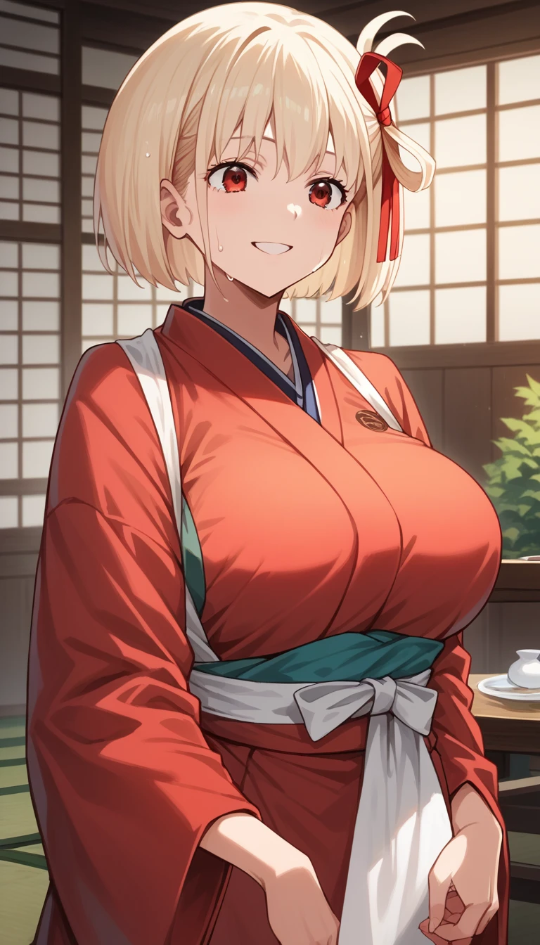 Score 9, Score 8 up, Score 7 up, The evaluation is questionable,
Detailed Background], Glowing Skin,Chisato Nishikigi, short hair, bangs, blonde hair, red eyes, hair ribbon, One side up, bob cut,
japanese clothes, kimono, apron, red ribbon, waitress, red kimono,Huge breasts,short,Anime Style,high quality,masterpiece,Advanced Details,Japanese,Mischievous Smile,
Wet Hair, From before, put your cheek on the ground, Hands on the ground, living room,   Sweat, vapor,  witness, Peep, 最high quality, Very aesthetic, Wide Shot