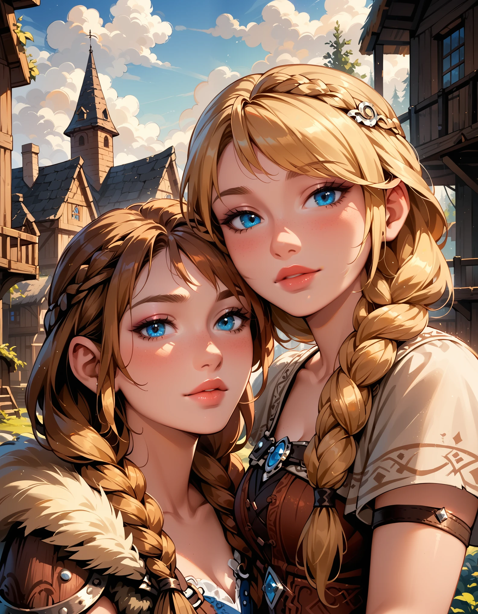 Dark Fantasy Art of score_9, score_8_up, score_7_up, rating_questionable, fantasy, lighting, epiCPhoto, 2girls, duo, couple, yuri, very sexy (ASTRIDHOFFERSON, blonde hair, braid, Long hair, blue eyes:1.2), and (Anna, brown hair, braided pigtails:1.3), flirt, gaze, sexy look, half-closed eyes, head tilt, filled lips, thick lips, makeup, face portrait, modelling shoot, sexy pose, Viking village setting, dark, moody, dark fantasy style, (midnight, moonless night:1.1).