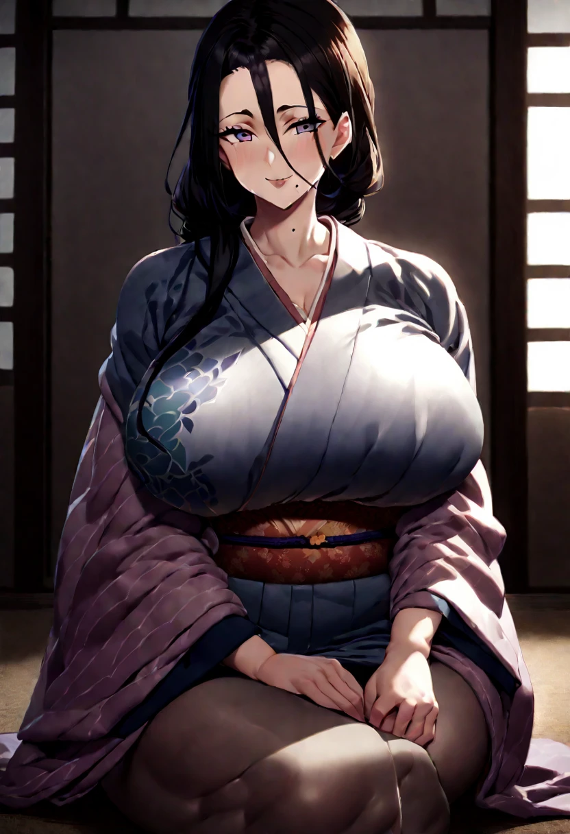 there's an anime character with huge breasts sitting on the floor wearing a kimono, 1girl, mature female, solo, breasts, japanese clothes, mole under mouth, black hair, kimono, long hair, mole, huge breasts, sitting, looking at viewer, smile