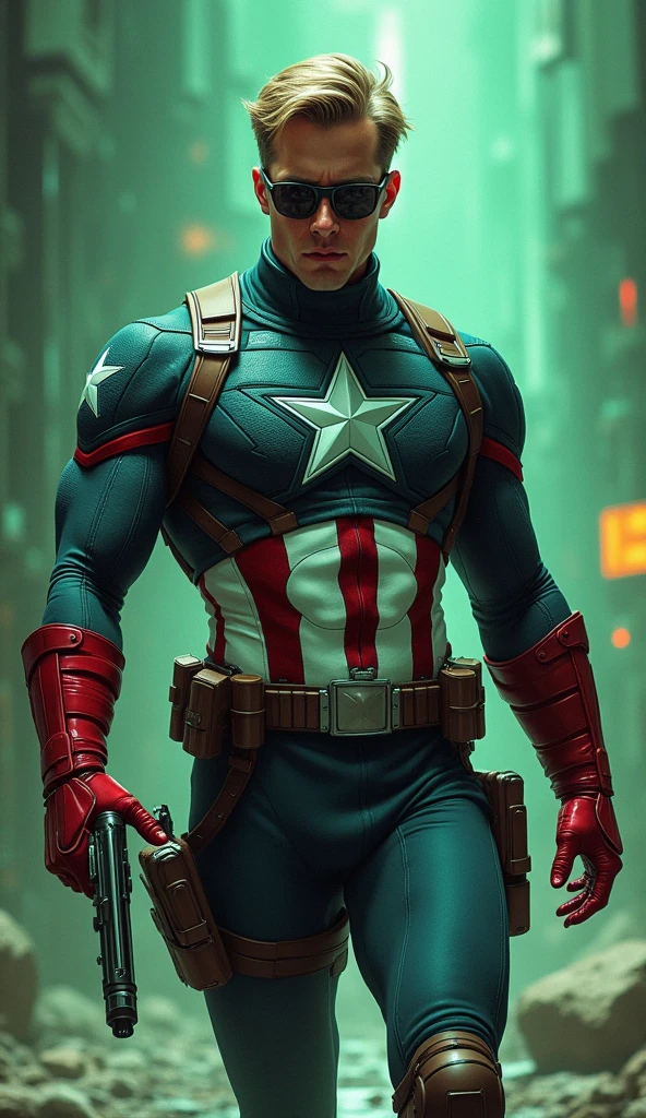 A cinematic portrait of a superhero standing on a rooftop at night. Combine the classic look of Captain America with the chaotic energy of Deadpool. The character should have a determined expression, wearing a tattered American flag costume with cybernetic enhancements. They should be holding a vibranium shield in one hand and a pair of glowing katanas in the other. The background should be a rainy cityscape with neon signs.
