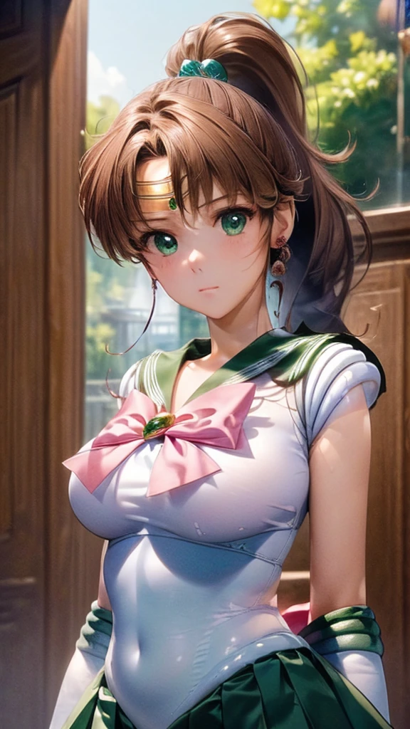 (((masterpiece))), (((High resolution)))、(((8K quality)))、(((Perfect Face)))、 , Looking into the camera, ((Highest qualityの目)), (Detailed face), (Detailed Texture), Complete Sailor Jupiter Cosplay、One Girl, alone, High resolution, Anatomically correct, Highest quality,Depict the whole body 、The chest is a little small、White long gloves、Green Skirt、waterfall