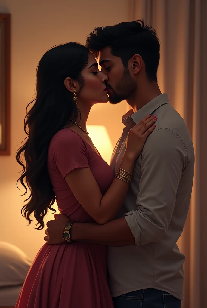 Create a image of a 25 year old indian girl in a room long black silky hair in high thick bun style of girl hair year old boyfriend kissing her neck from back