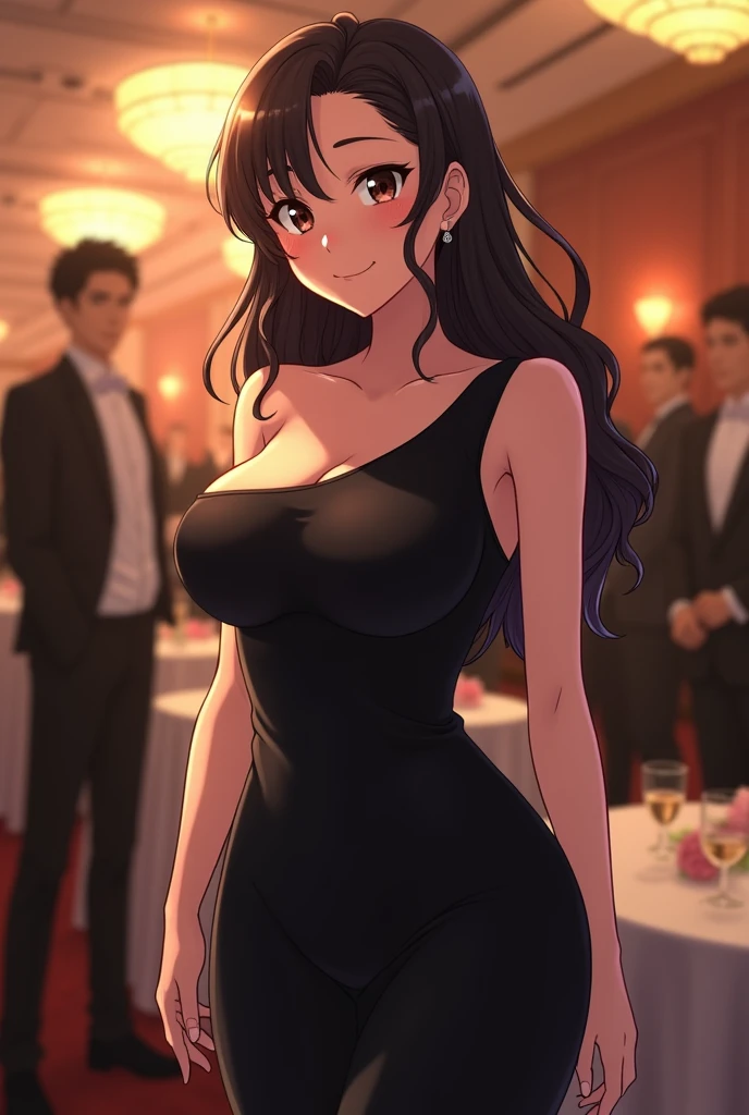 Japanese girl, dark brown hair, wearing one shoulder black dress, one shoulder on the left shoulder, in a wedding, with wavy long hair side swept and parted on the right, small earrings, and makeup, huge breasts, sexy, full body, anime, exposed side