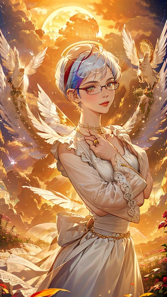 8k, masterpiece, best quality, highly detailed, 1 girl, tiefling, warlock, pixie cut, multicolored hair, very short straight hair red highlight hair on white hair, strippled hair, wearing glasses, round glasses, earrings, red eyeshadow, long eyelashes, blushed cheek, red lips, pearl necklace, rings, collarbone, mole on face, glamorous, white and gold clothes, sleeveless, laced dress, smirk, close up view, rings, looking at viewer, demon horns, solo, starry sky, radiant gold moon, standing, golden halo, white lace gloves, heavenly scene, halo, holy palace in background.