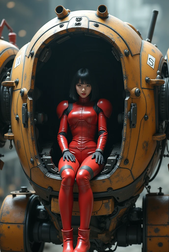 arafed woman in a red dress standing in a kitchen with a counter, cinematic still of westworld, capsule hotel, with bangs, wearing futuristic white suit, by Jacob Duck, served on a plate, still image from the movie, wearing collar, asian woman, layout frame, staring sofía vergara screaming, 2049, symmetrical anatomy, russian girlfriend --auto --s2