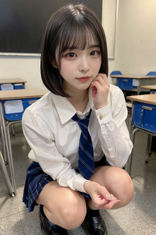 Japanese Girls、14-year-old girl、Short Bob Cut、bangs、Brown eyes、Perfect figure、Transparency、Gloss、Glamorous breasts、、Green and blue checked tie、White shirt、Red Skirt、Hirotake、Burning body、Gravure idol pose、Light blue wall、Beautiful feet、Strong sunlight、dirty、雨にWet体、Wet,Sitting in a chair、I can see your thighs、smile