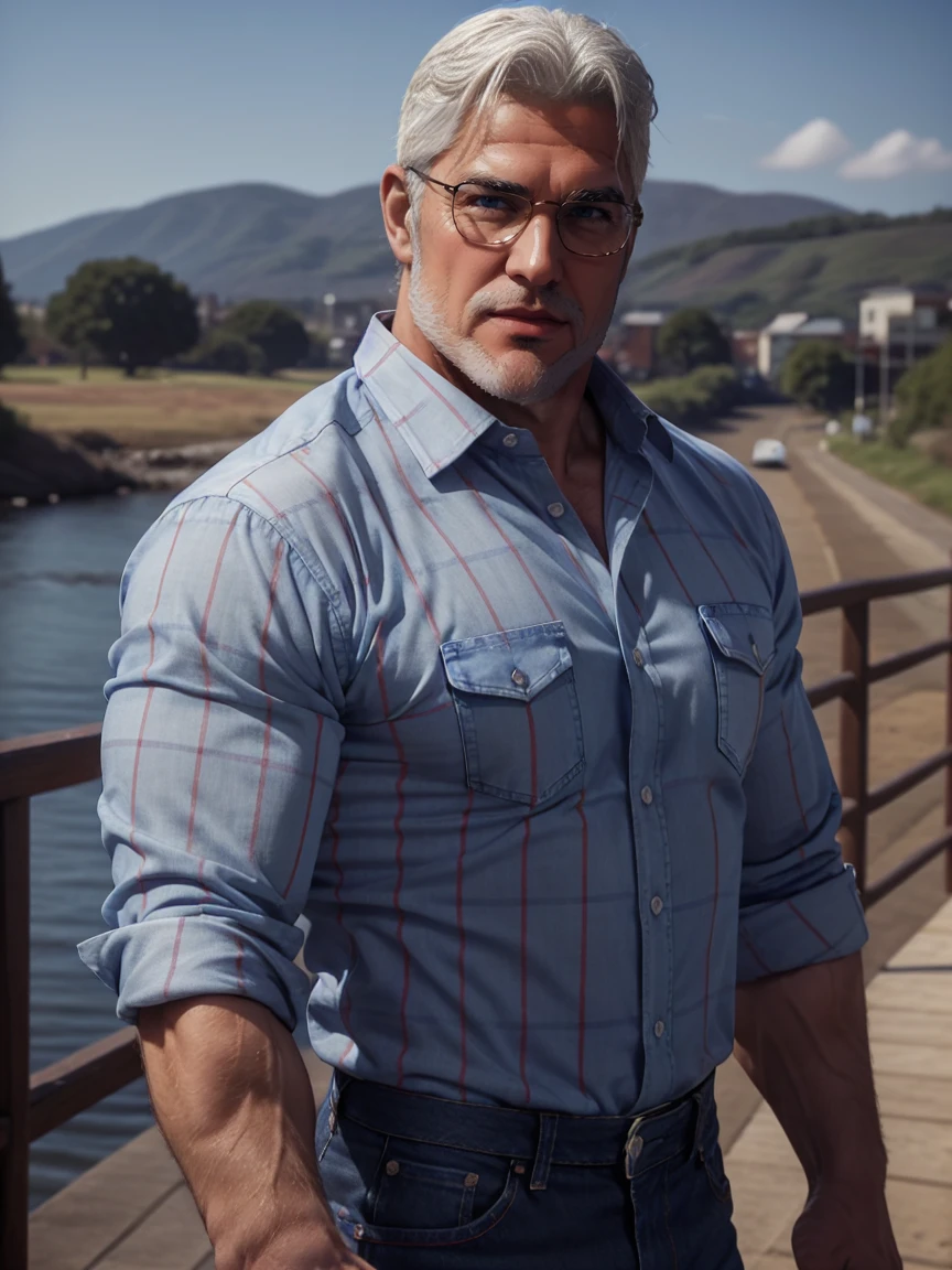 1man, middle aged, 53 y.o, handsome, White hair, quiff sides and tape hairstyle, blue eyes, prominent muscular bodyshape, BODYBUILDER BODYSHAPED, red checkered shirt, midnight blue denim jeans, connecticut (background), glasses, closer distance face against me, looking viewers, hd, high quality, 9k resolution
