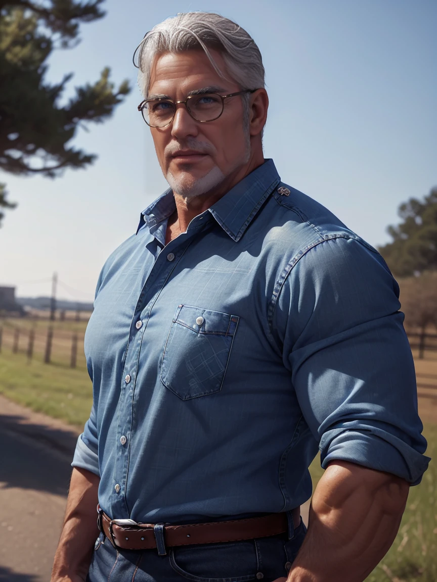 1man, middle aged, 53 y.o, handsome, White hair, quiff sides and tape hairstyle, blue eyes, prominent muscular bodyshape, BODYBUILDER BODYSHAPED, red checkered shirt, midnight blue denim jeans, connecticut (background), glasses, closer distance face against me, looking viewers, hd, high quality, 9k resolution
