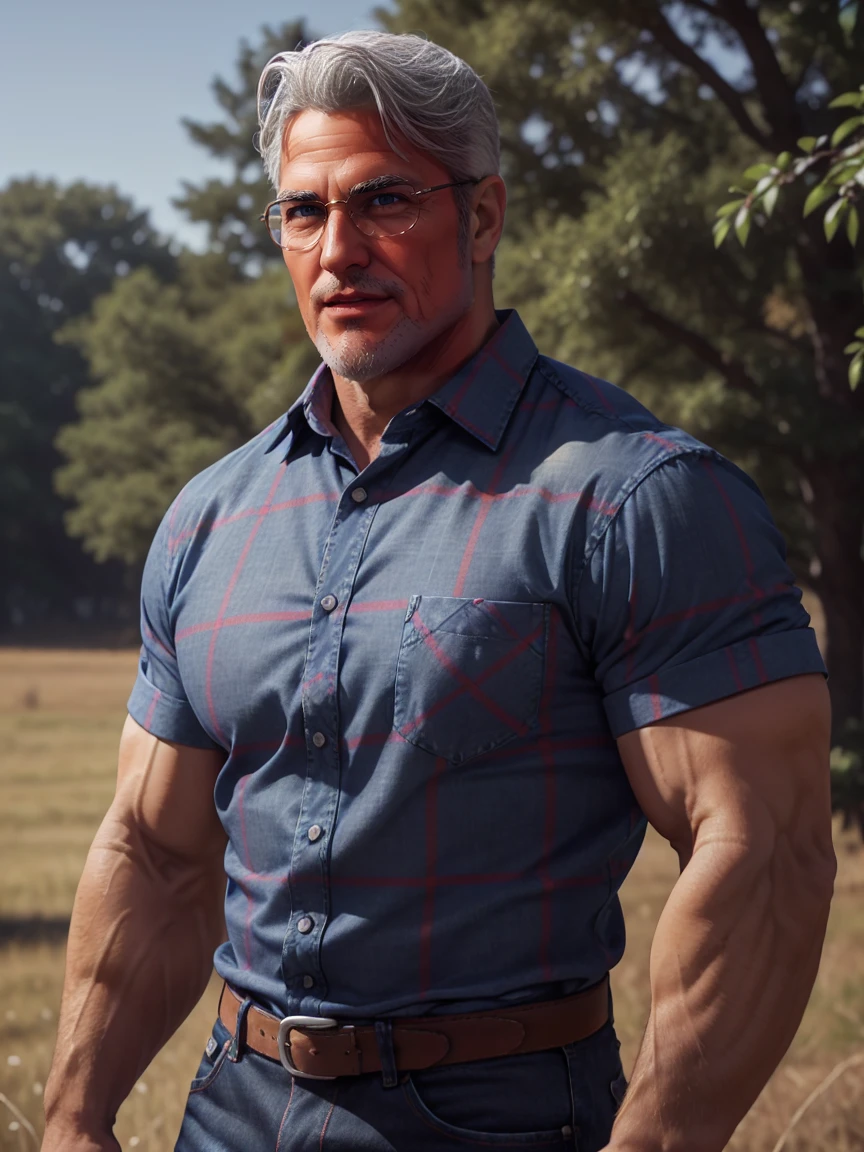 1man, middle aged, 53 y.o, handsome, White hair, quiff sides and tape hairstyle, blue eyes, prominent muscular bodyshape, BODYBUILDER BODYSHAPED, red checkered shirt, midnight blue denim jeans, connecticut (background), glasses, closer distance face against me, looking viewers, hd, high quality, 9k resolution
