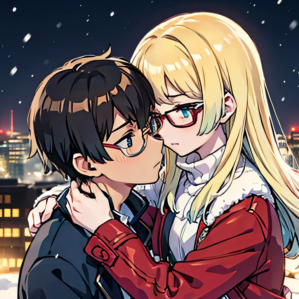 1 boy with black hair, Red jacket and glasses romantically kissing a girl with blonde hair with green tipsand blue eyes, white dress. Snowing City at night in the background., True love, blushing cheeks, high quality 