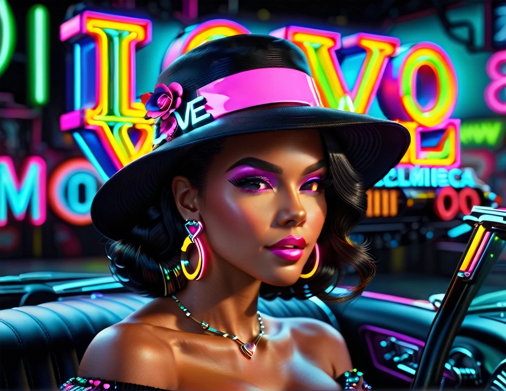 Neon sign "Love" (text "Love") instead of the registration number on the convertible, driving a gorgeous model in an off-the-shoulder dress and a hat, hyper detailed, , sharp focus, intricate details, highly detailed, close-up, neon ambiance, abstract black oil, gear mecha, detailed acrylic, grunge, intricate complexity, rendered in unreal engine, photorealistic, with the caliber of 8k artistic photography. High Resolution, High Quality, Masterpiece. 