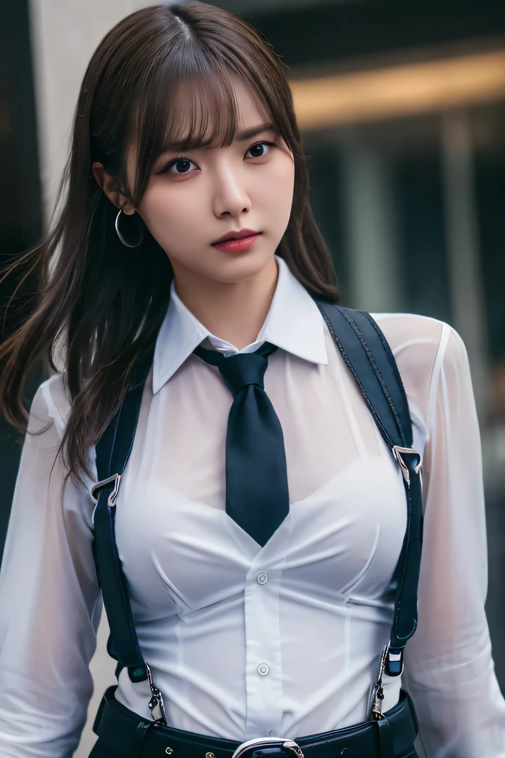 a woman in a suit, belt, hands behind back, sweating, suspenders, black pants, sexly, large breasts, see-through clothing, rain, detective, office worker, white button-up shirt, (best quality,4K,8k,highres,masterpiece:1.2),ultra-detailed,(realistic,photorealistic,photo-realistic:1.37),hyper-detailed,highly detailed face and body, Slender　thin　suspenders　Moderate breasts　See-through shirt　Nipples　holster　chain　Pistol　Armament　criminal　Female criminal　knife 　
