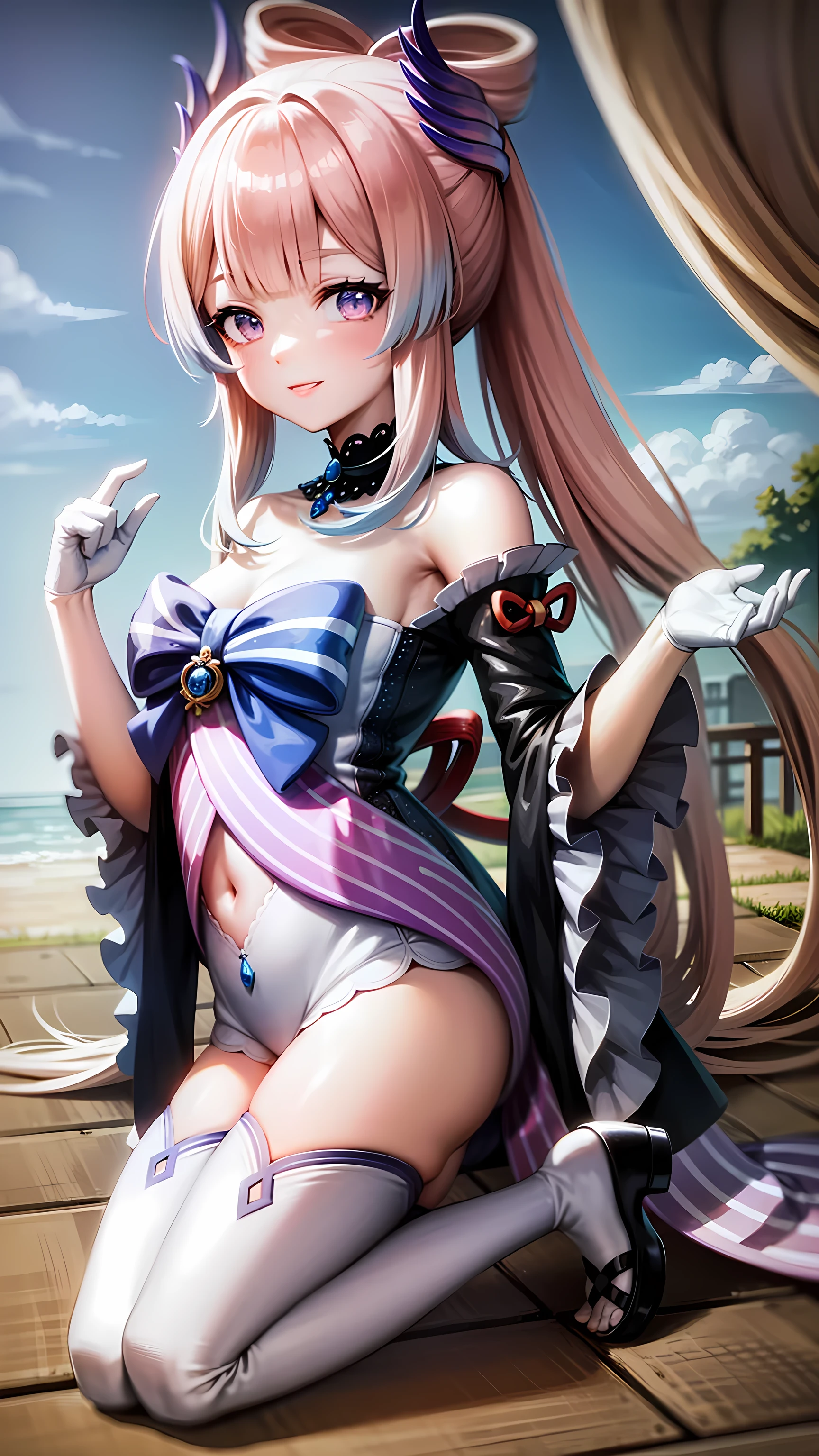<lora:sangonomiyakokomi1-000008:1>,kokomidef,upper body,smile,blush,outdoors,simple background,blue sky,short hair,sky,looking at viewer,Full body photo,Beach,Off-the-shoulder,Highest Quality,Masterpiece,Excellent work,8k,Smile,Long hair reaching the waist,Small chest,