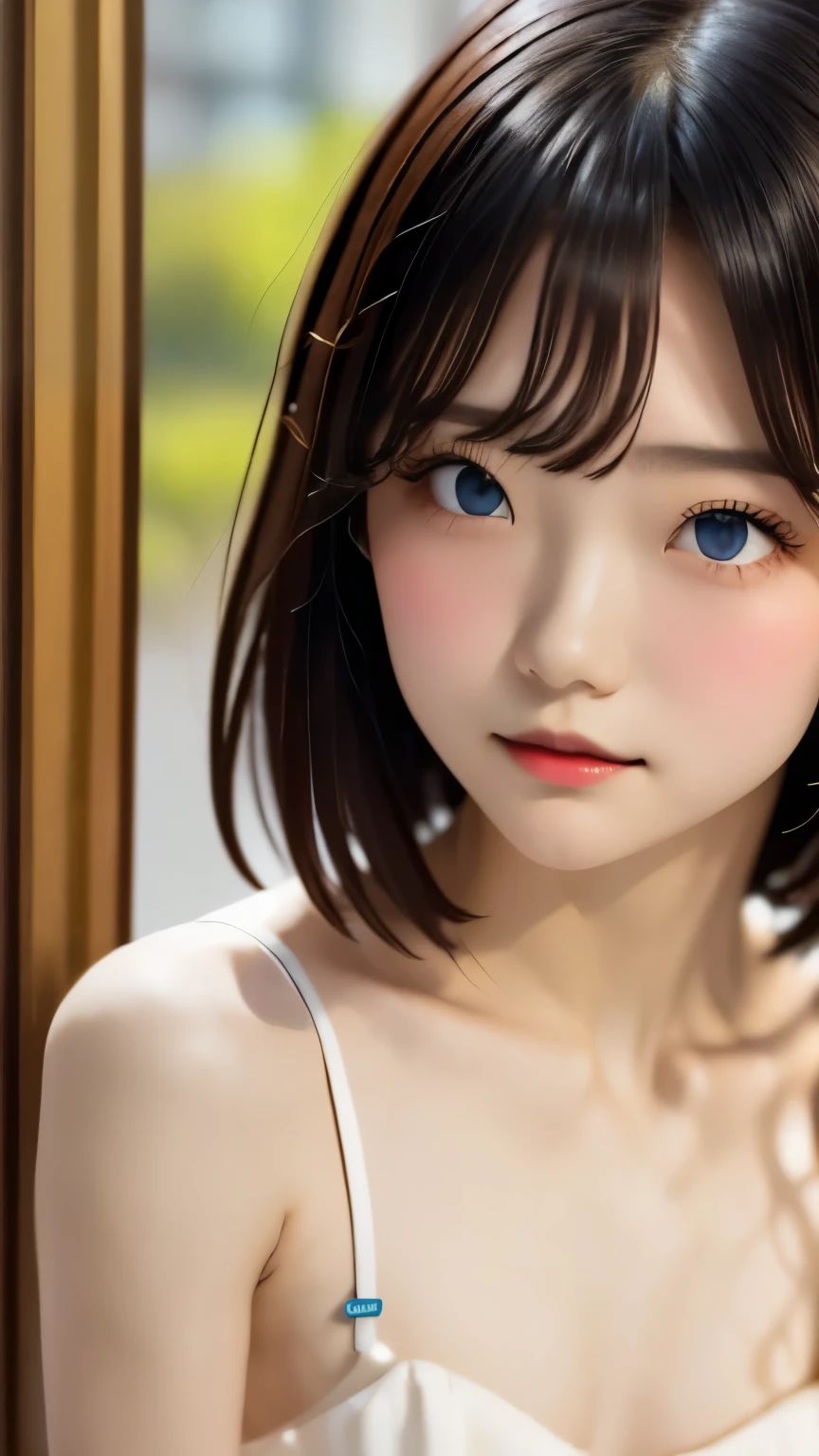 cute, (Black Hair、White Mesh), ((Short Bob)), Perfect Face, An innocent smile, Upper Body,(blue eyes), (Yan), (small), (thin), ((Flat Chest)), ((Only 16)), Teeth stains, Very detailed, Attractive oval face, Red lips, pink, Glowing Skin, thin髪, Face Focus, Chest close-up, {{gorgeous hair ornament}}, ((1 person)), Embarrassed look,